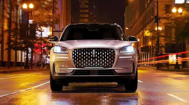 The striking grille of a 2024 Lincoln Corsair® SUV is shown. | LaFontaine Lincoln Flushing in Flushing MI