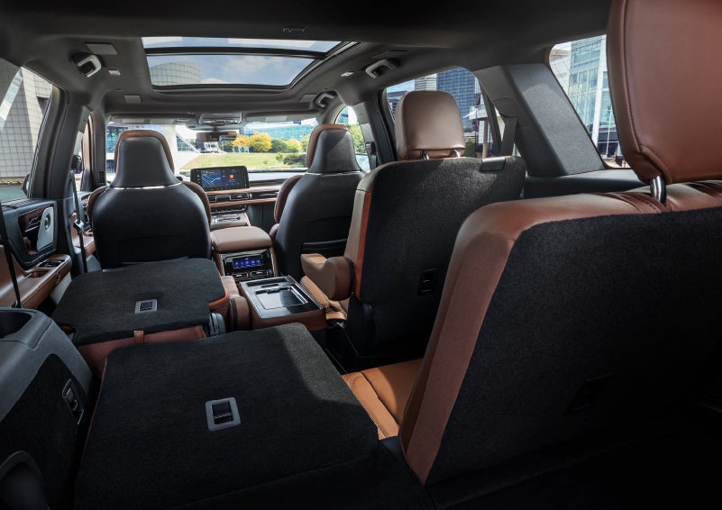 The interior of the 2025 Lincoln Aviator® SUV is shown with two seats folded down for added space. | LaFontaine Lincoln Grand Blanc in Flint MI