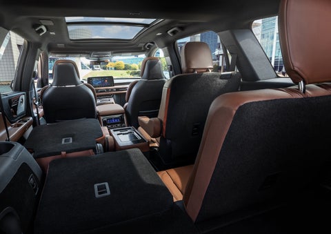 The interior of the 2025 Lincoln Aviator® SUV is shown with two seats folded down for added space. | LaFontaine Lincoln Grand Blanc in Flint MI