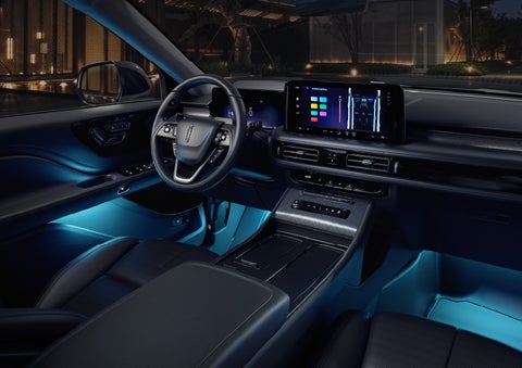 Deep blue Ambient Lighting glows from various places within a 2026 Lincoln Aviator® SUV. | LaFontaine Lincoln Grand Blanc in Flint MI