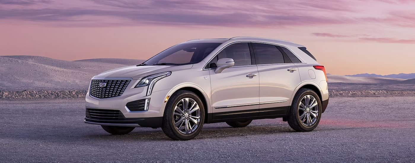 A white 2024 Cadillac XT5 parked outdoors.